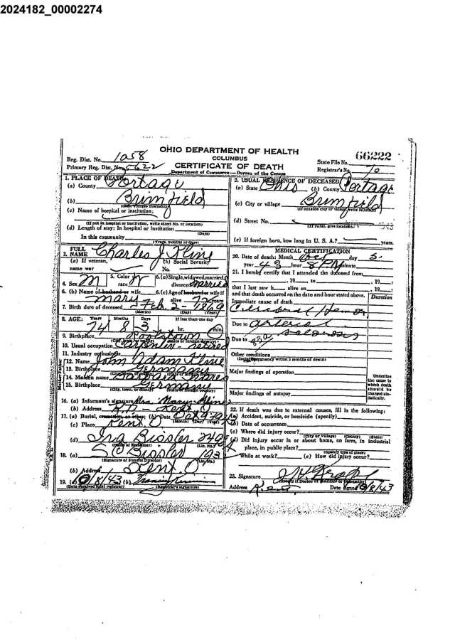 Charles J. Kline death cert