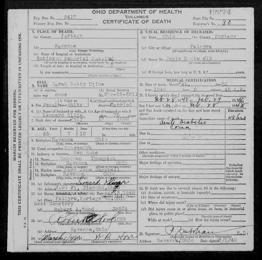 Sarah Dotty Kline Thompson death cert
